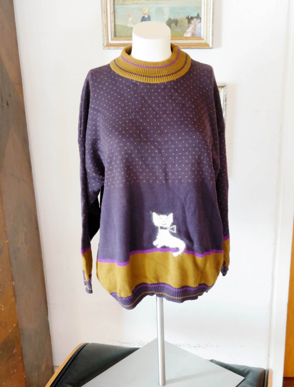 Vintage Katzenpullover Katze Pullover Herzen lila bunt L 40