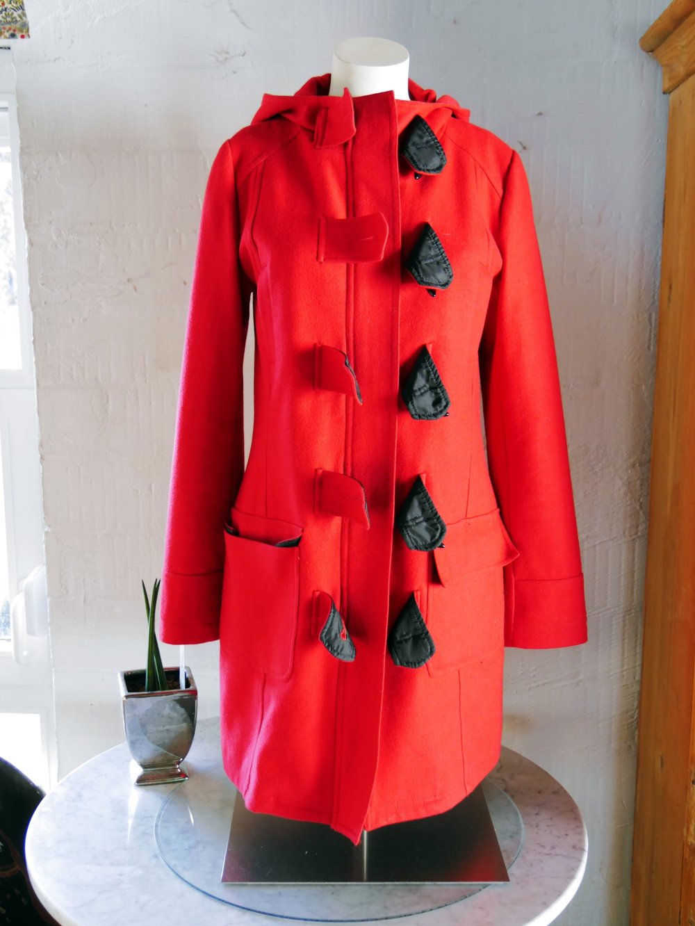 Review Wollmantel Dufflecoat Mantel Kapuze rot Wolle S 36 M 38