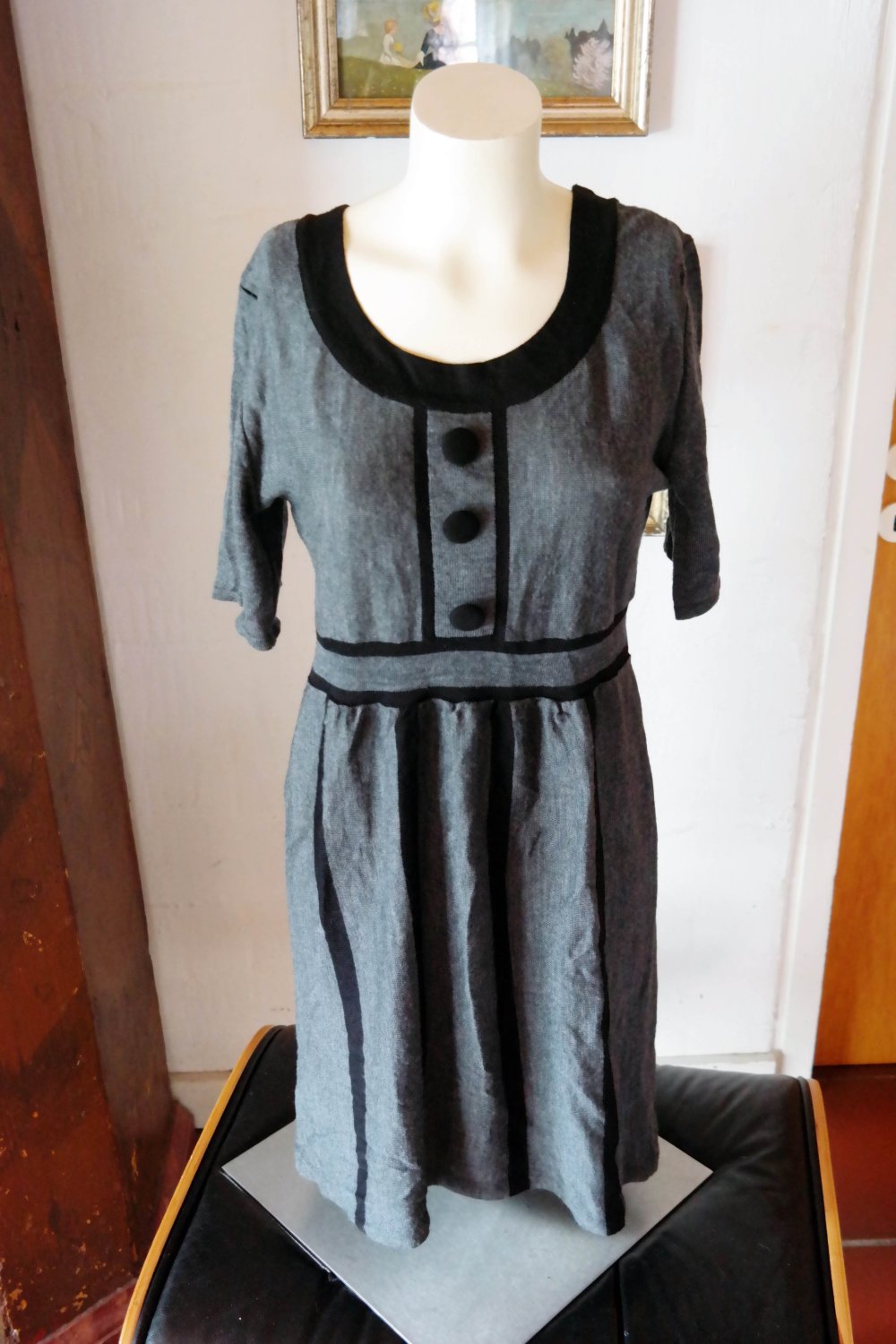 H&M Kleid grau schwarz Knöpfe Wolle Wollkleid Preppy Schoolgirl Lolita Kawaii S 36 M 38