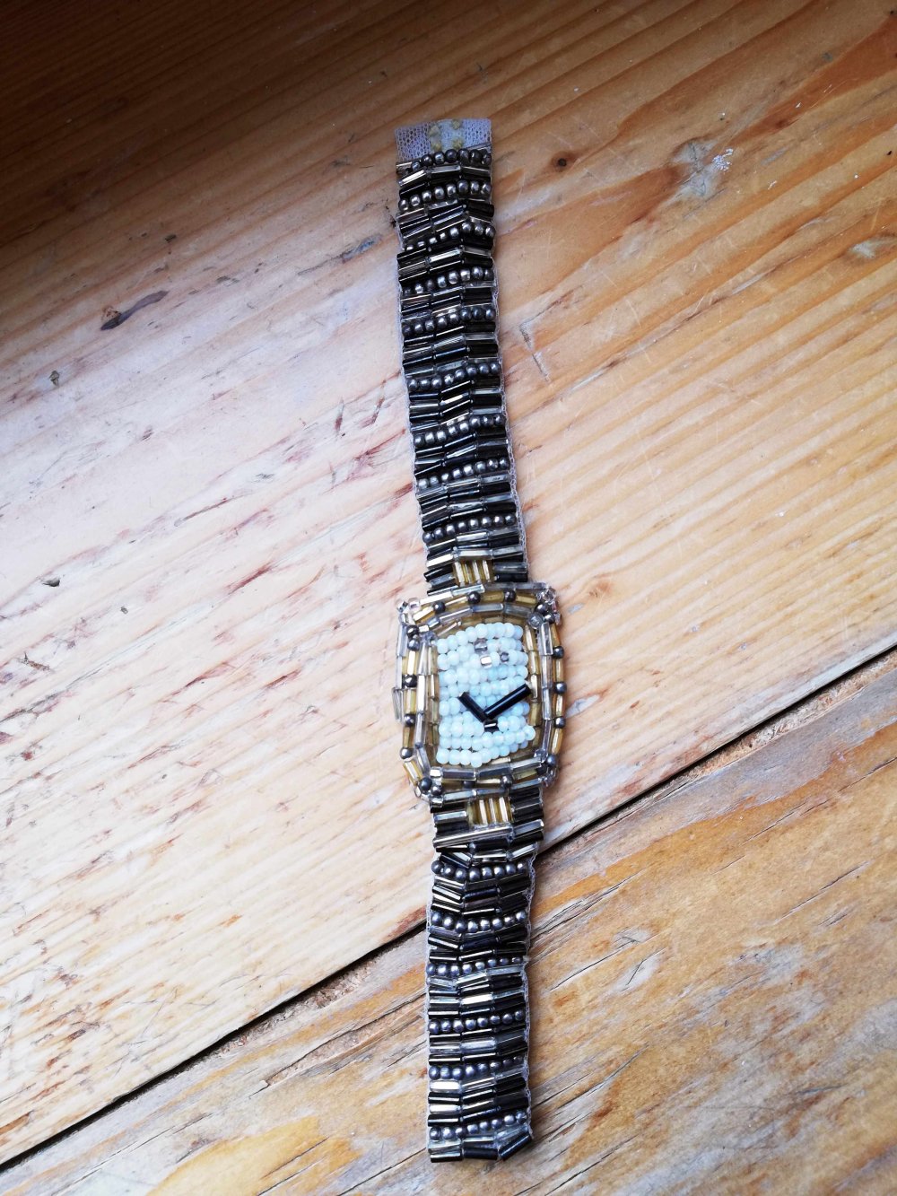 Vintage Uhr Perlen Unikat Kitsch silber Gold handmade 70er 80er 