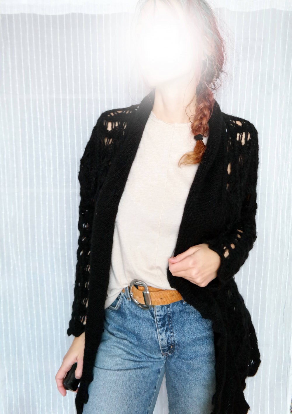 Mohair Cardigan Strickjacke schwarz Grobstrick Longjacke Wolle Wolljacke M 38