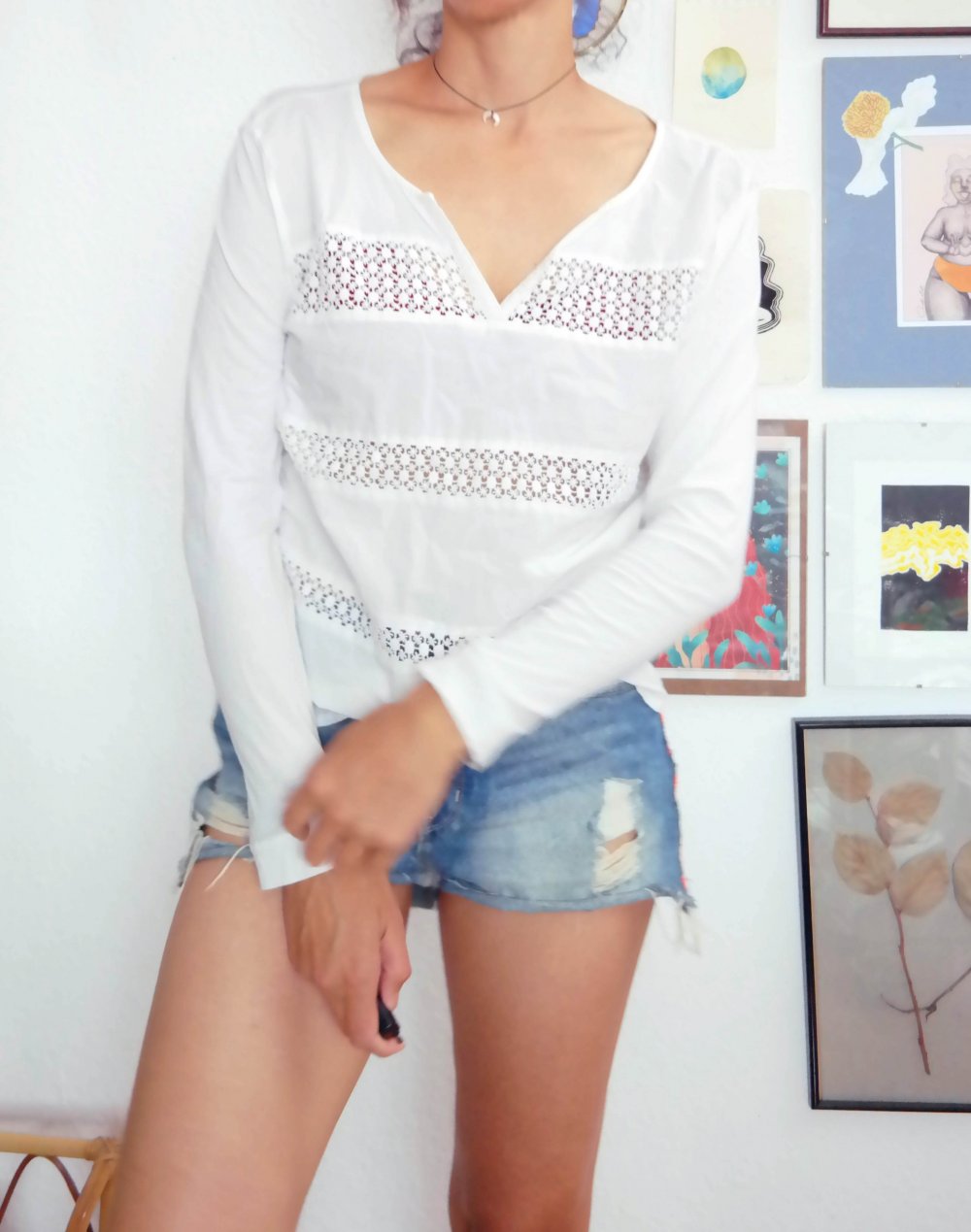 H&M LOGG Spitzenbluse Langarmshirt Spitzenshirt weiß Lochmuster M 38 L 40