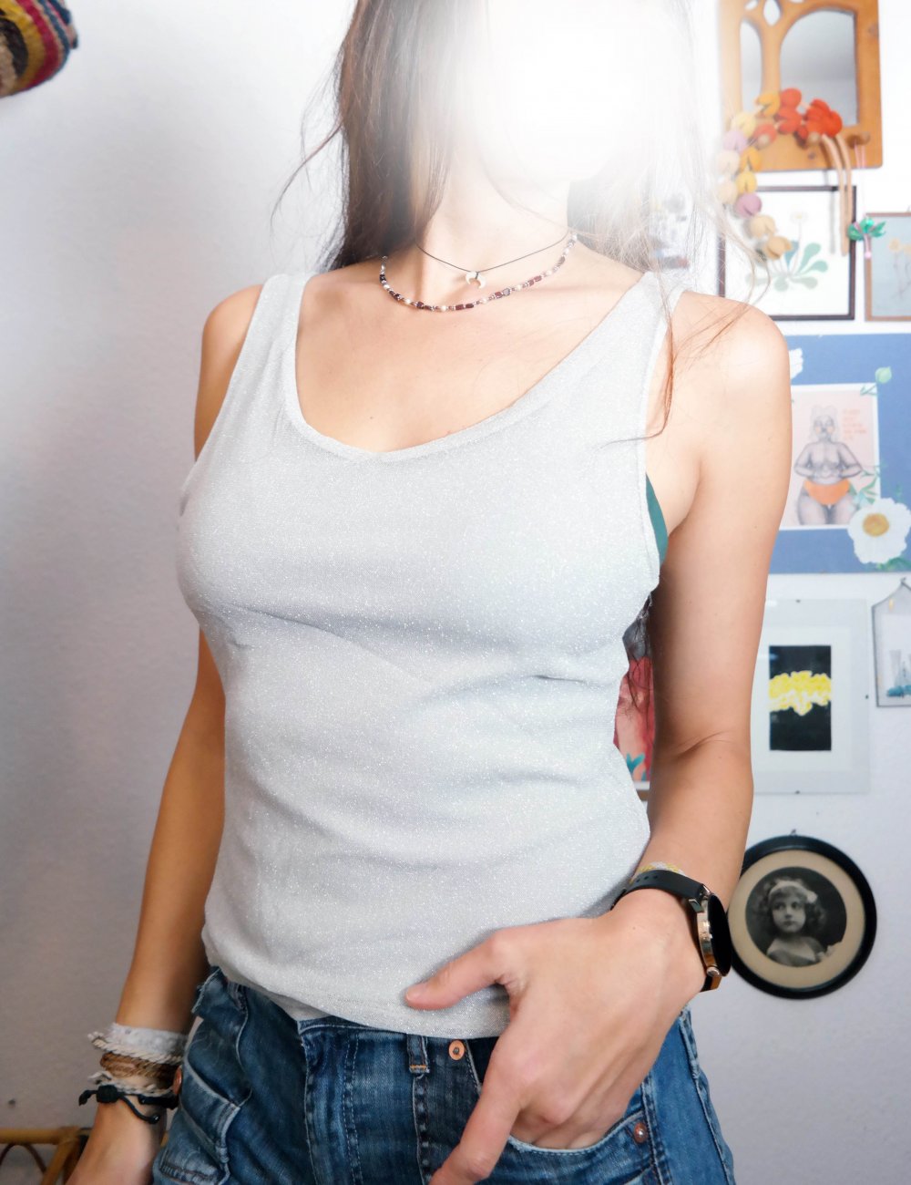 Tanktop Top Metallisch Glitzer Silber Silvester M 38 V-Ausschnitt