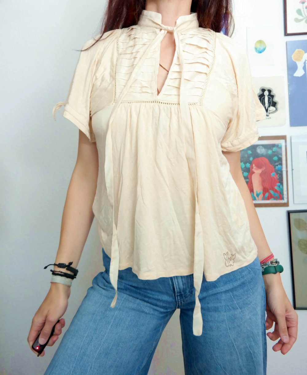 Felipe Varela Luxus Designer Shirt Bluse creme Schnürung Lochmuster M 38 40 L