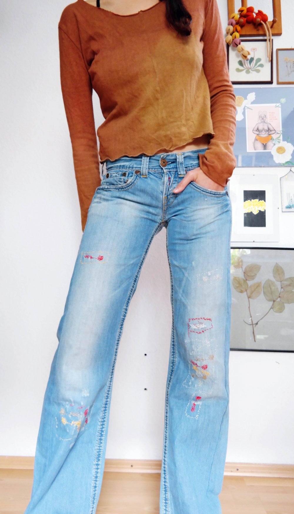 Replay Hippie Hose bestickt Stickerei blau bunt Electra weites Bein S M 28 29 34