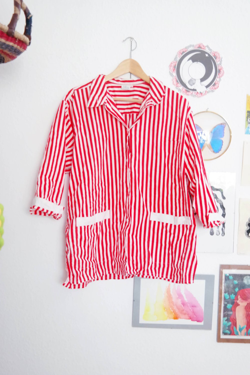 Vintage Alba Moda Bluse Streifen gestreift rot weiß Taschen Hemd Hemdbluse Cropped High Waist oversized XL 42 L 40