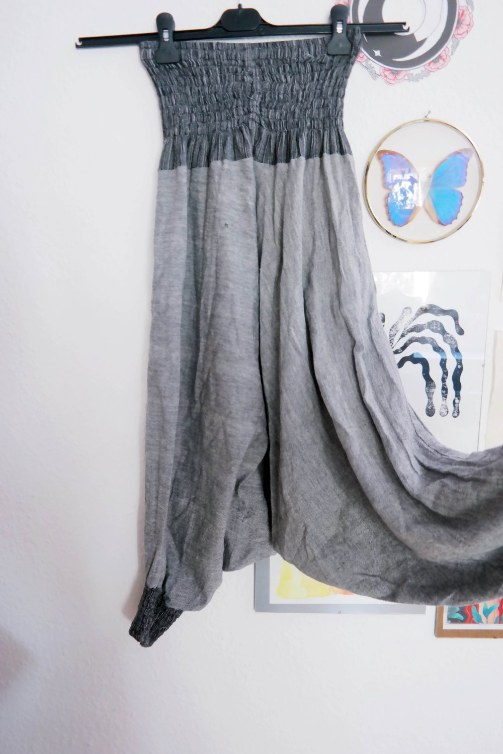 Haremshose Hippie Gummibund wide leg Sarouel grau Bündchen Sommerhose Indien Taschen Unisize Unisex