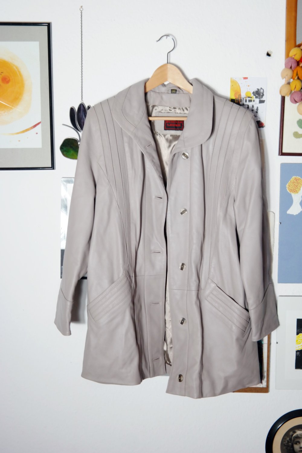 Vintage Lederjacke Ledermantel grau 80er 90er parka oversized hellgrau Kragen Echtleder Echtledermantel Echtlederjacke 40 L