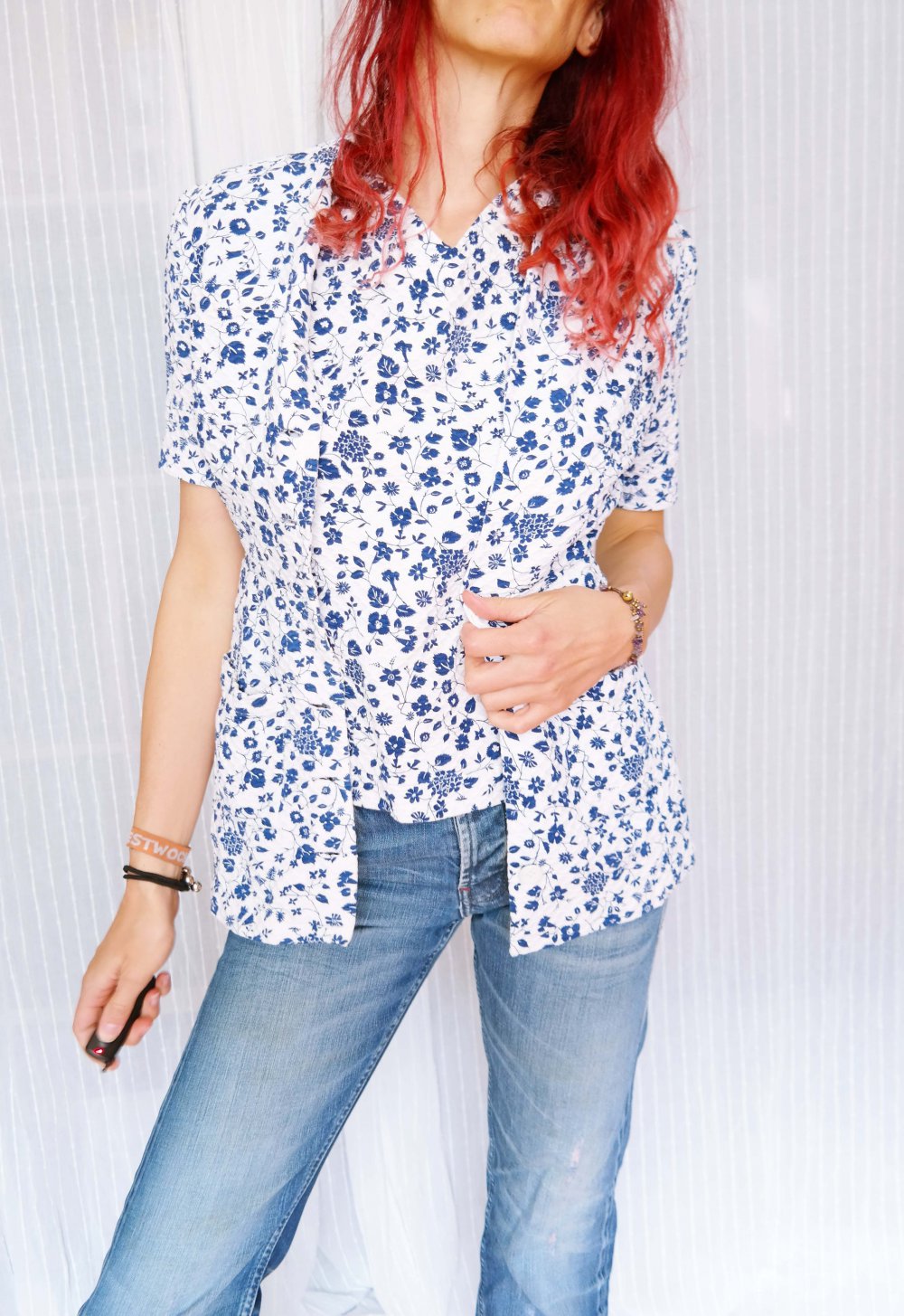 Original true Vintage Kostüm Mehrteiler Blumen geblümt Streublümchen weiß Blau 50er 60er Handmade S XS 36 38