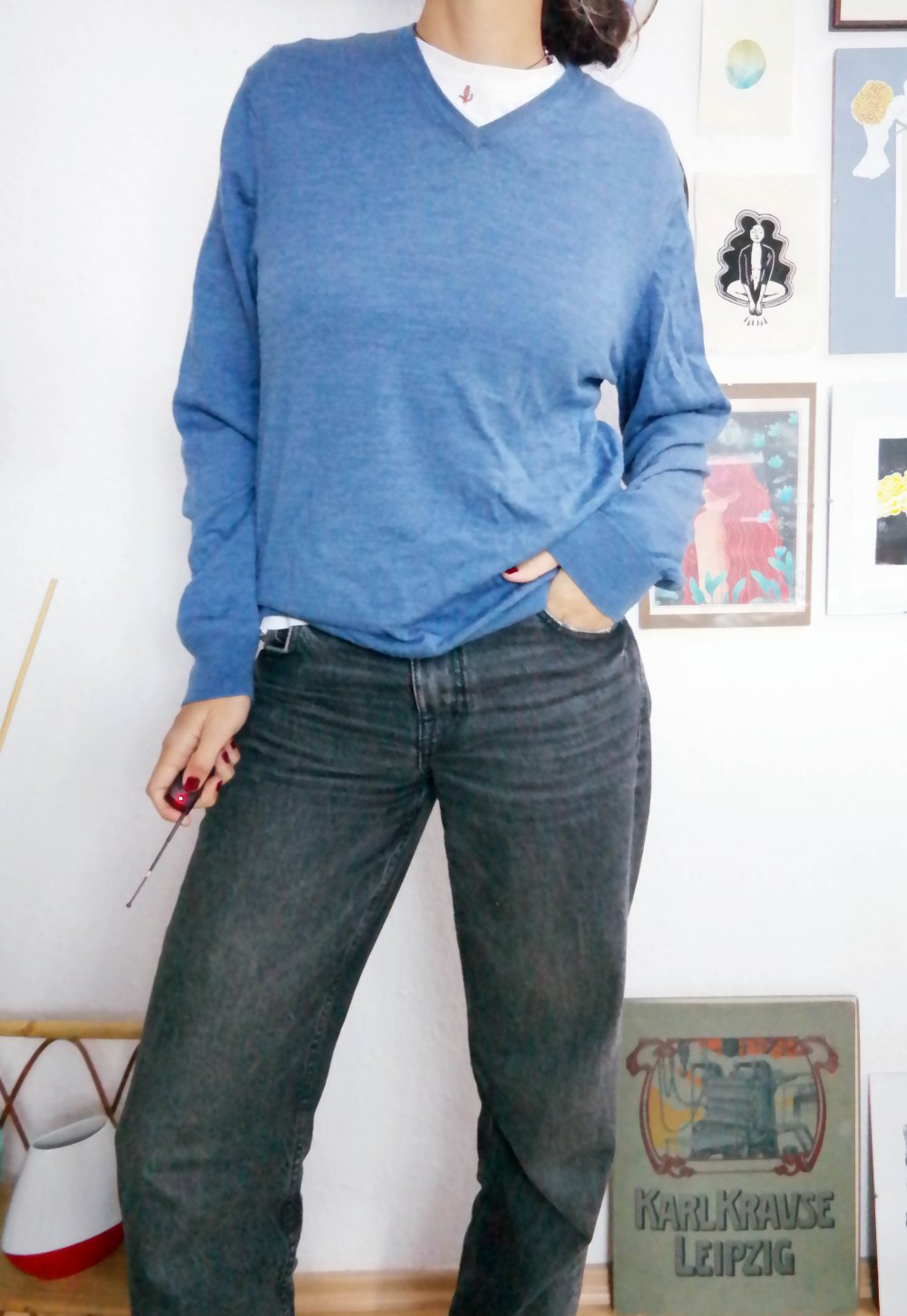 Rover & Lakes Pullover 100% Merino Wolle blau XL L V-Ausschnitt