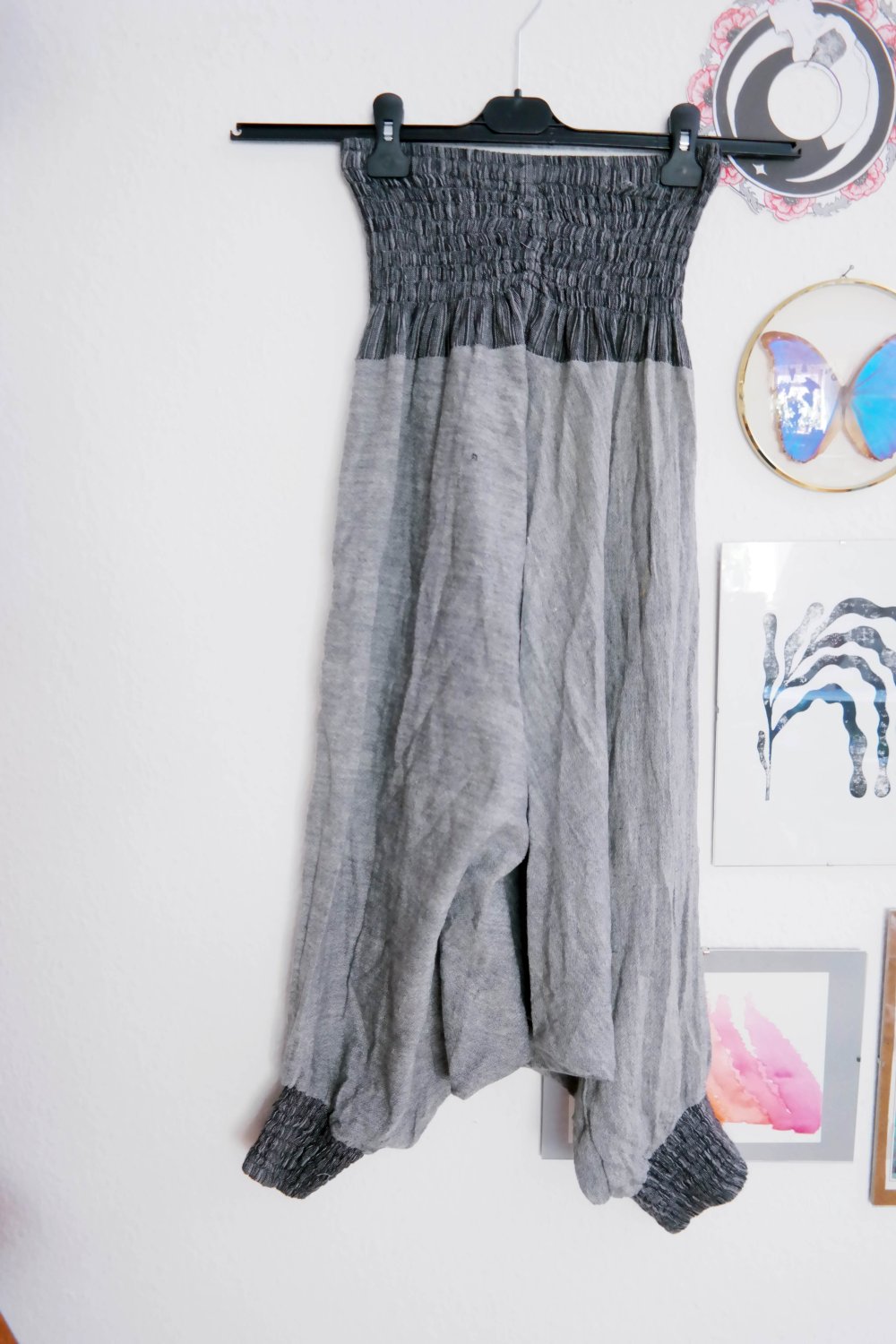 Haremshose Hippie Gummibund wide leg Sarouel grau Bündchen Sommerhose Indien Taschen Unisize Unisex