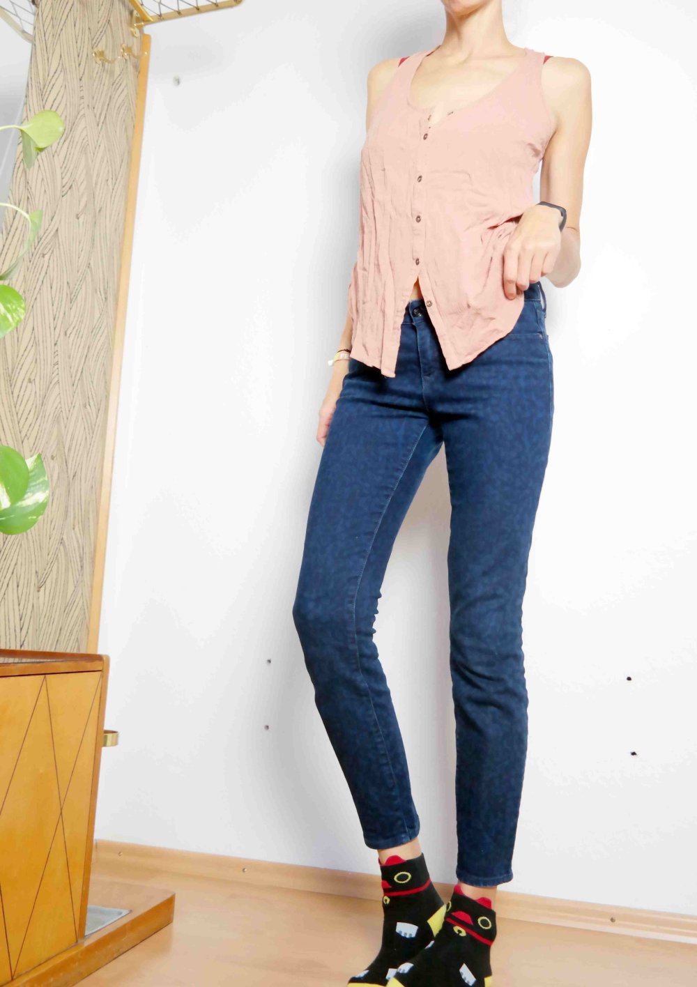 Gap Jeans Hose Jeanshose Skinny Röhrenjeans Röhrenhose dunkelblau Muster Batik 28 S / 36