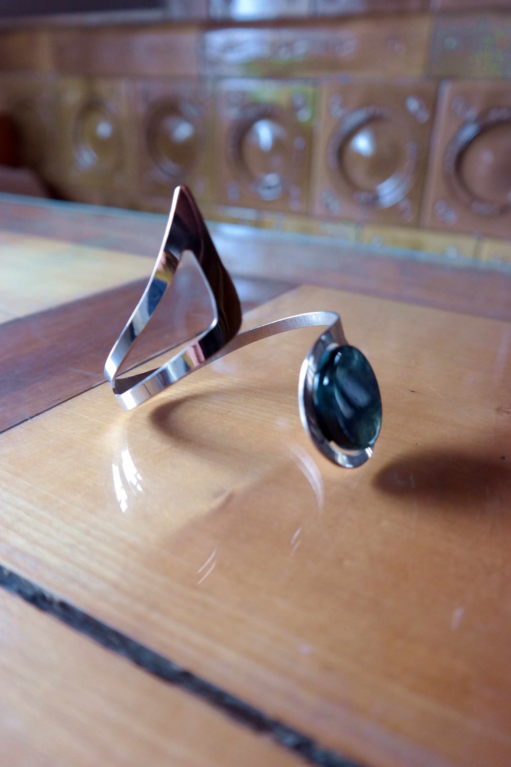 Oberarm Armreif Reif Hippie Ethno Stein Halbedelstein Moosachat silbern 