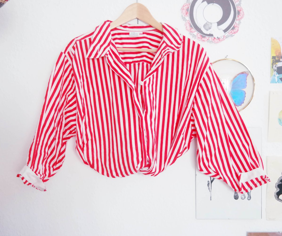Vintage Alba Moda Bluse Streifen gestreift rot weiß Taschen Hemd Hemdbluse Cropped High Waist oversized XL 42 L 40