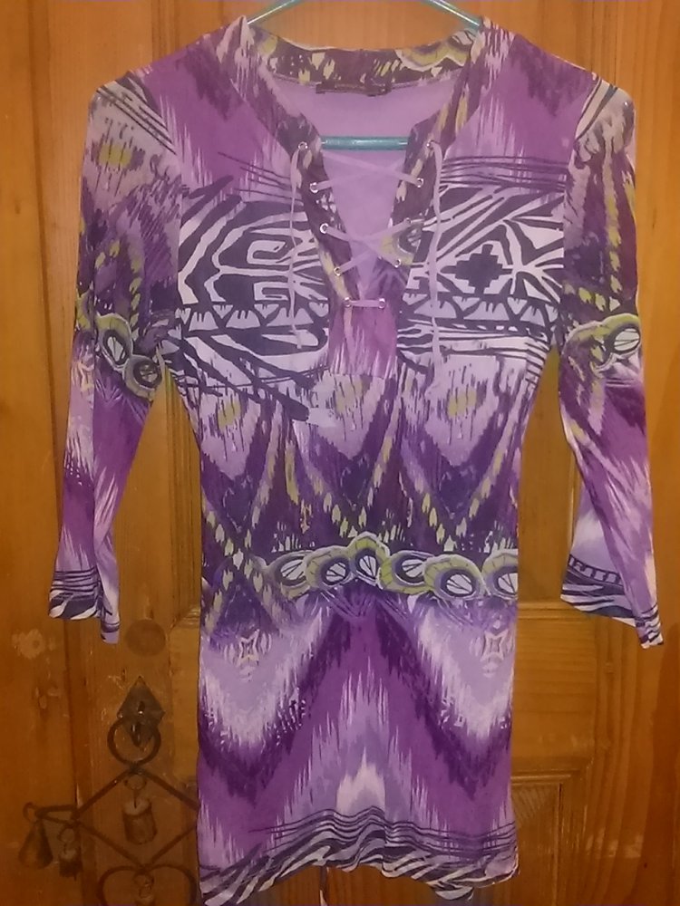 Longbluse von passport- Gr.34- lila Töne/blau