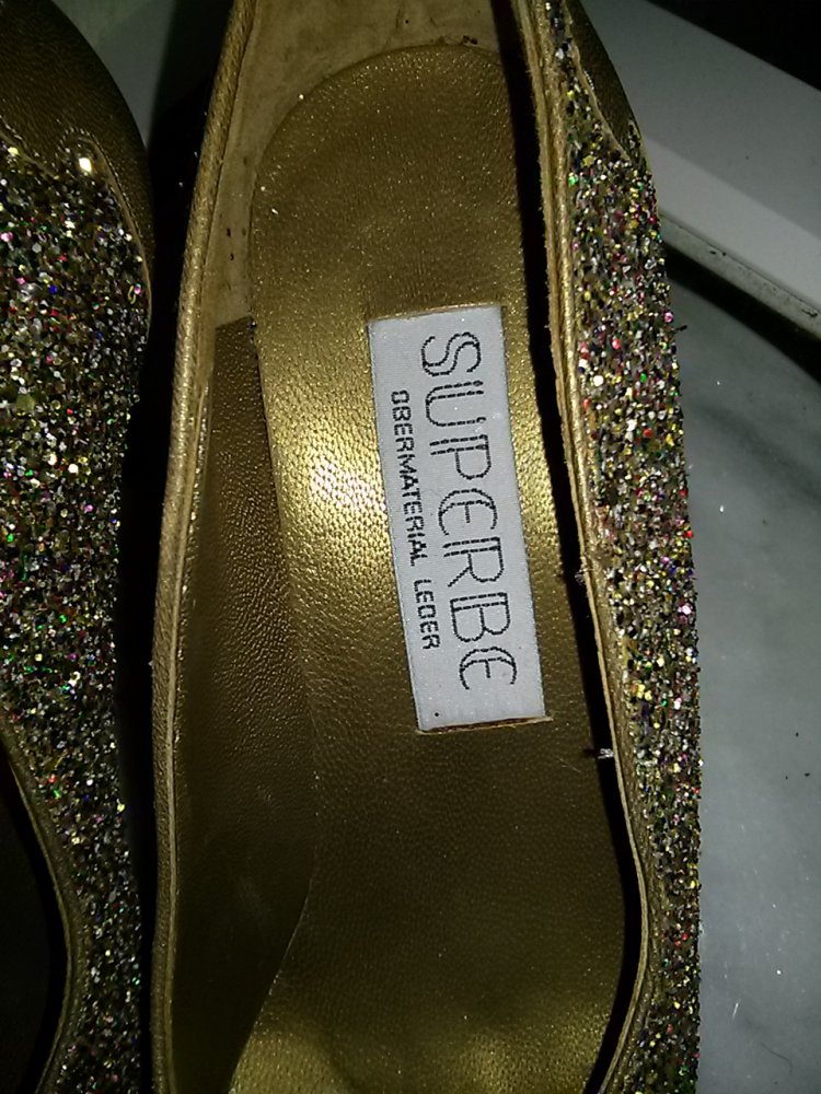 Damen-Abendschuh von SUPERBE- -Gr.38 - Leder gold mit Glitzerapplikationen-neu