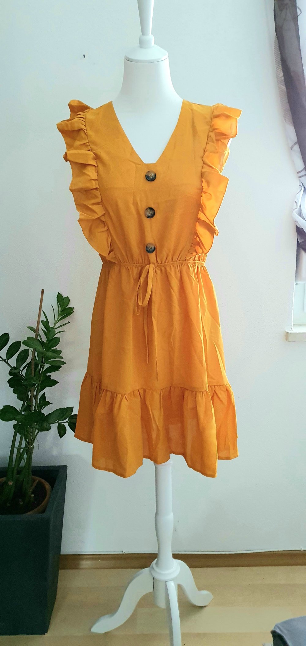 Shein Kleid neu senf gelb Knöpfe Volants Rüschen Sommerkleid Gr. M 38