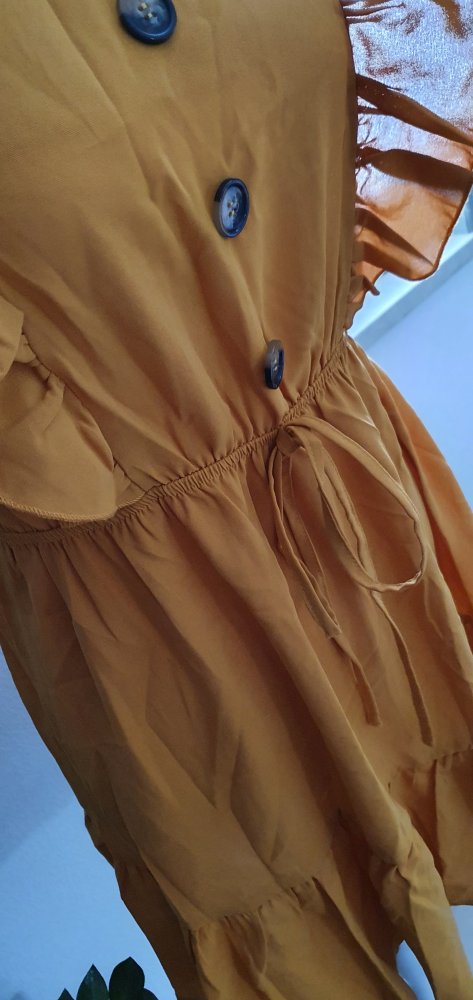 Shein Kleid neu senf gelb Knöpfe Volants Rüschen Sommerkleid Gr. M 38
