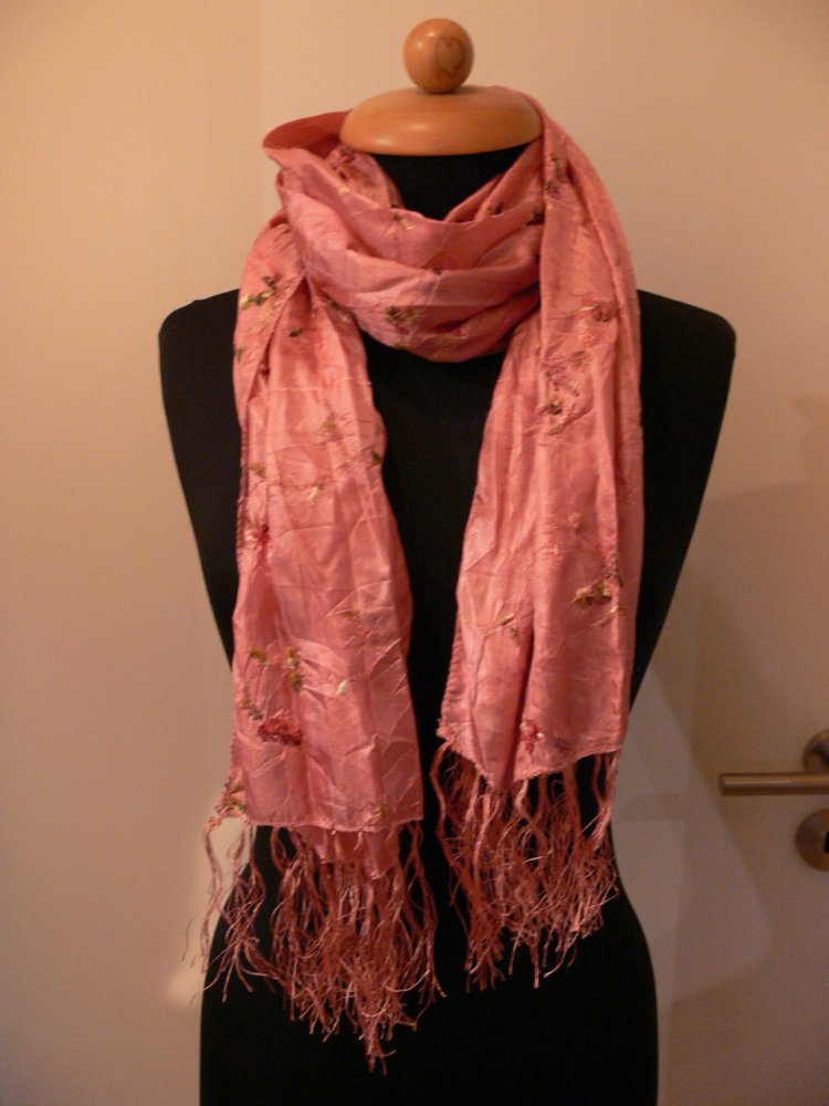 toller langer Schal mit Fransen und Blütenstickerei crash NEU altrosa 