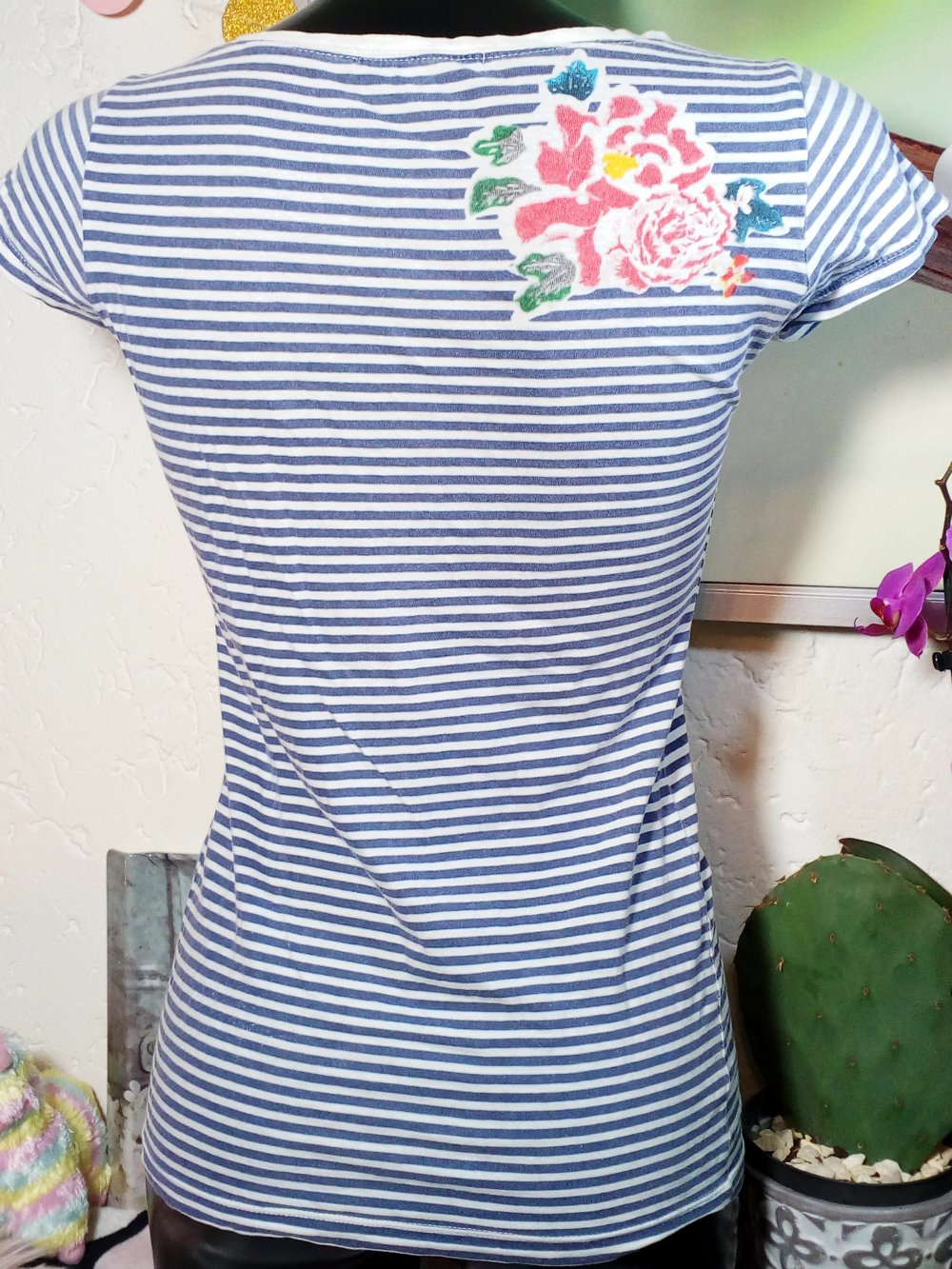 Hippie Sommer Tally Weijl Streifen Shirt mit Print Gr S 36 Small Weiß Blau gestreift bunter Print