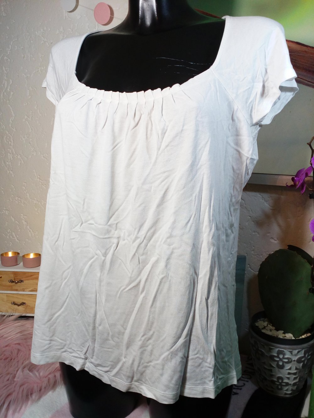 Gerafftes Esprit Collection Sommer Kurzarm Shirt Gr M 38 Medium Weiß Blogger Hippie White