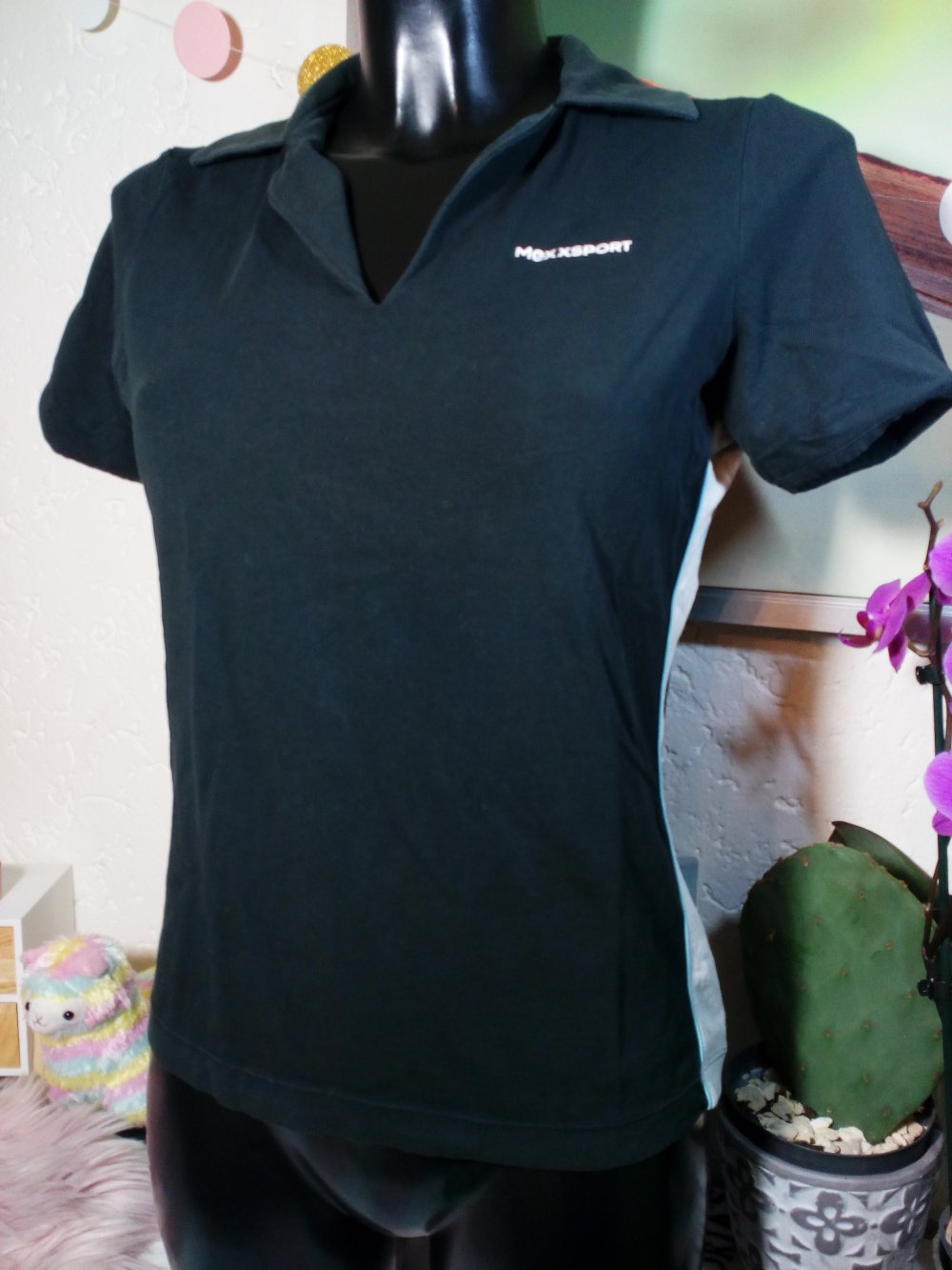Mexx Sport Fitness Polo LA Shirt mit Kragen seitlich mit Streifen Gr M 38 Medium Schwarz Grau