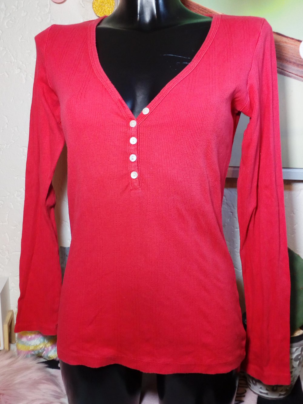 Gina Benotti Übergangs Langarmshirt mit Deko Knöpfen Gr 40/42 Rot Ripp Shirt Longleeve Uni