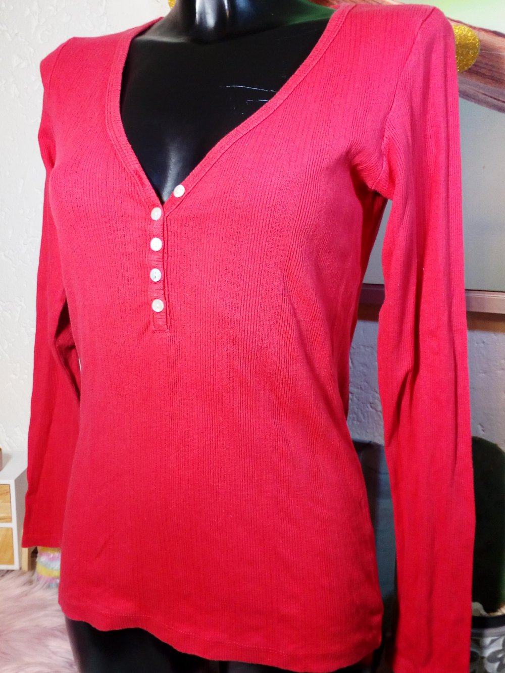 Gina Benotti Übergangs Langarmshirt mit Deko Knöpfen Gr 40/42 Rot Ripp Shirt Longleeve Uni