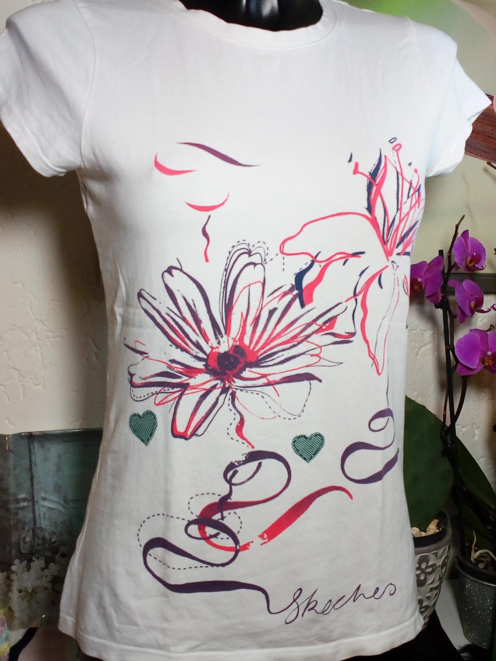 Freizeit Skechers Long Shirt mit XXL Print Weiß geblümt Gr 40 L Large Kurzarm T-Shirt Flowers