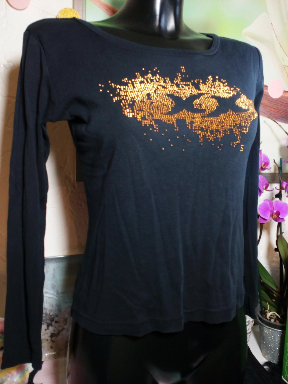 Mexx Damen Langarmshirt mit goldenen Steinchen Größe 38 Medium schwarz Shirt Blogger Hippie