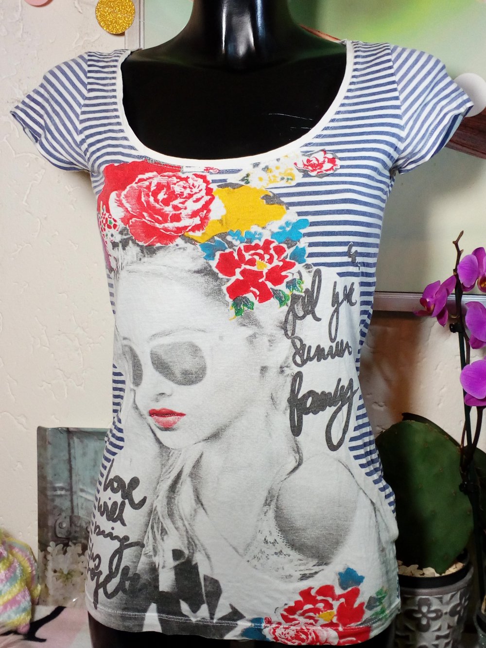 Hippie Sommer Tally Weijl Streifen Shirt mit Print Gr S 36 Small Weiß Blau gestreift bunter Print