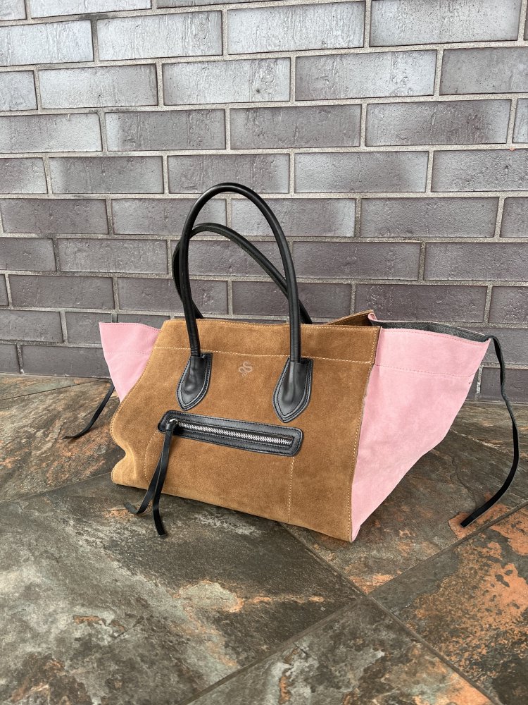 Braintropy brown and pink suede bag