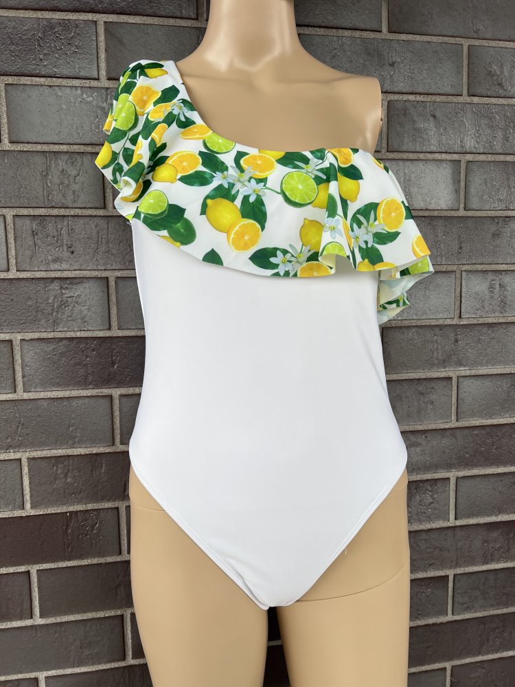 Brave Soul one shoulder swimsuit with printed citrus frill