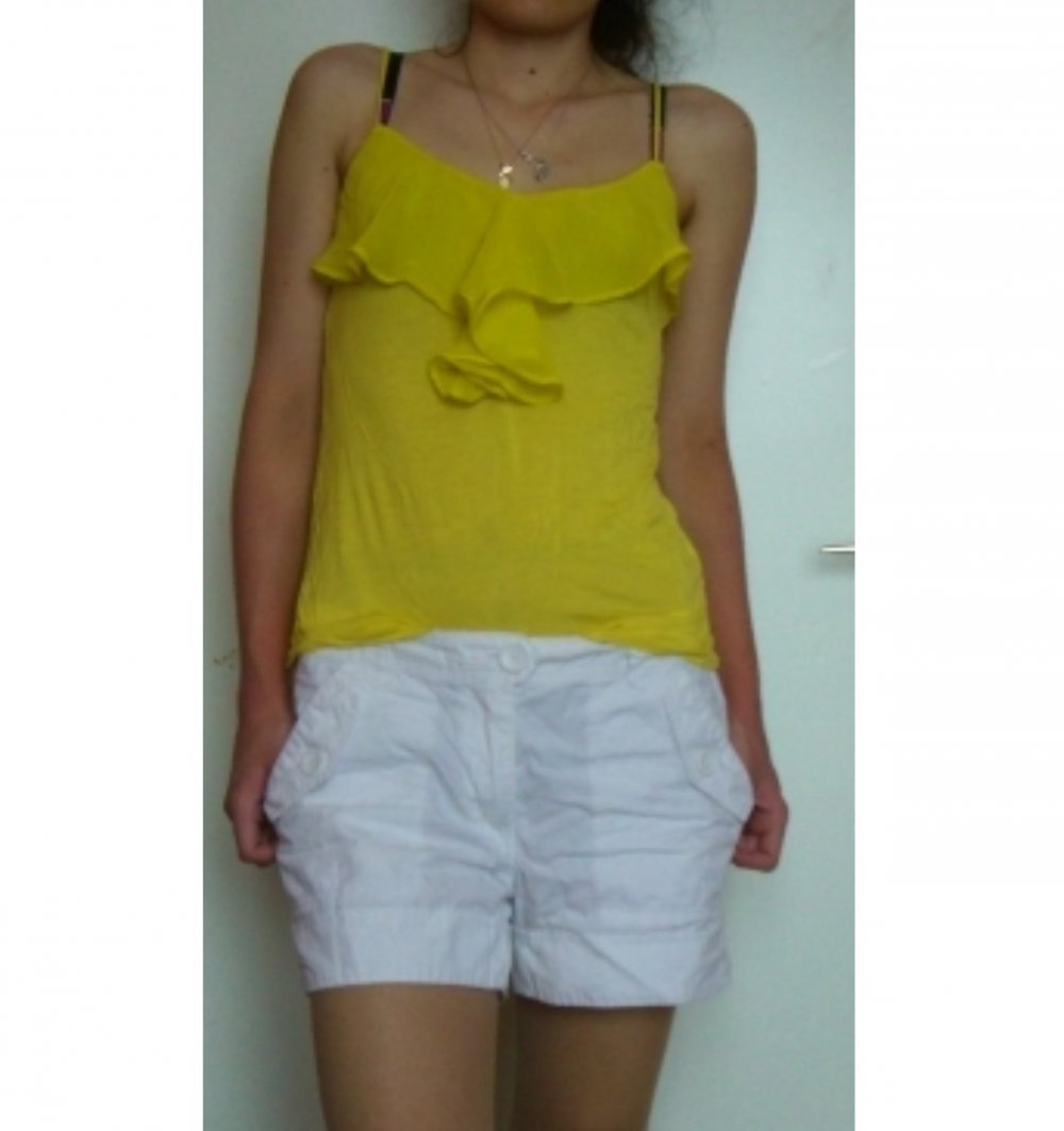 NEU TOP VOLANT CAMISOLE RÜSSCHEN HÄNGERCHEN ÄRMELLOS CASUAL TRÄGERTOP 34/XS UNGETRAGEN