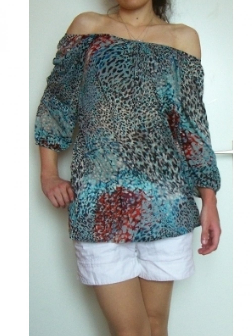 OBERTEIL BLUSE SCHULTERFREI SCHÖßCHEN MANGO GR.36/S LOCKER LANGÄRMLIG MUSTER CASUAL 