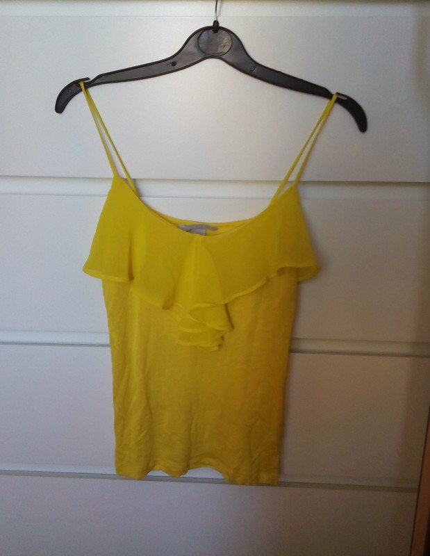 NEU TOP VOLANT CAMISOLE RÜSSCHEN HÄNGERCHEN ÄRMELLOS CASUAL TRÄGERTOP 34/XS UNGETRAGEN