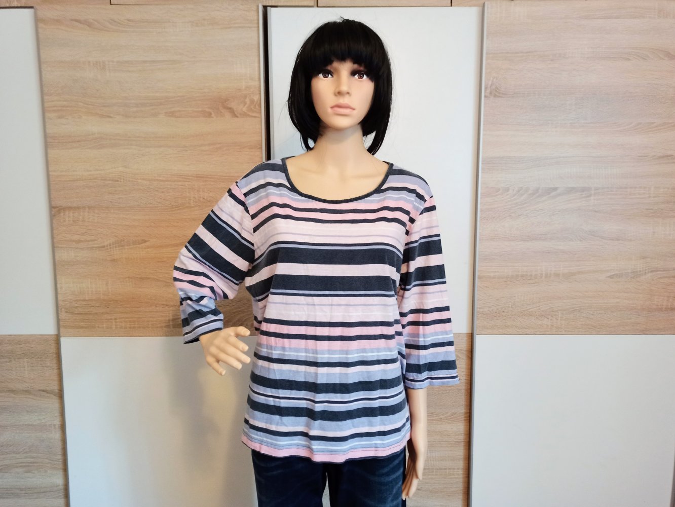 Schöner gestreifte Langarm-Shirt blau/weiß/Rose