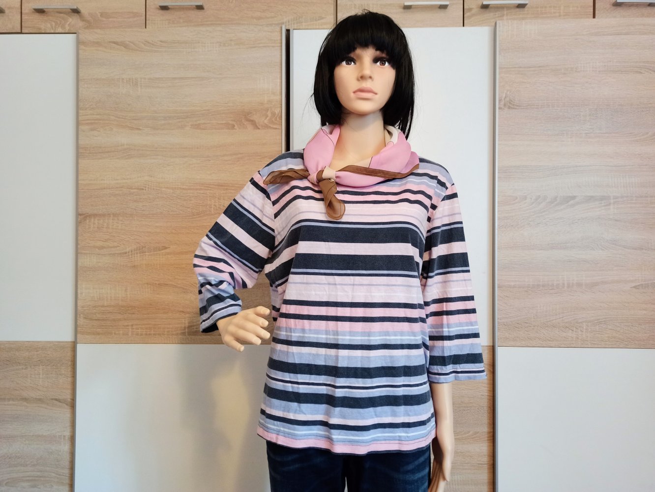 Schöner gestreifte Langarm-Shirt blau/weiß/Rose