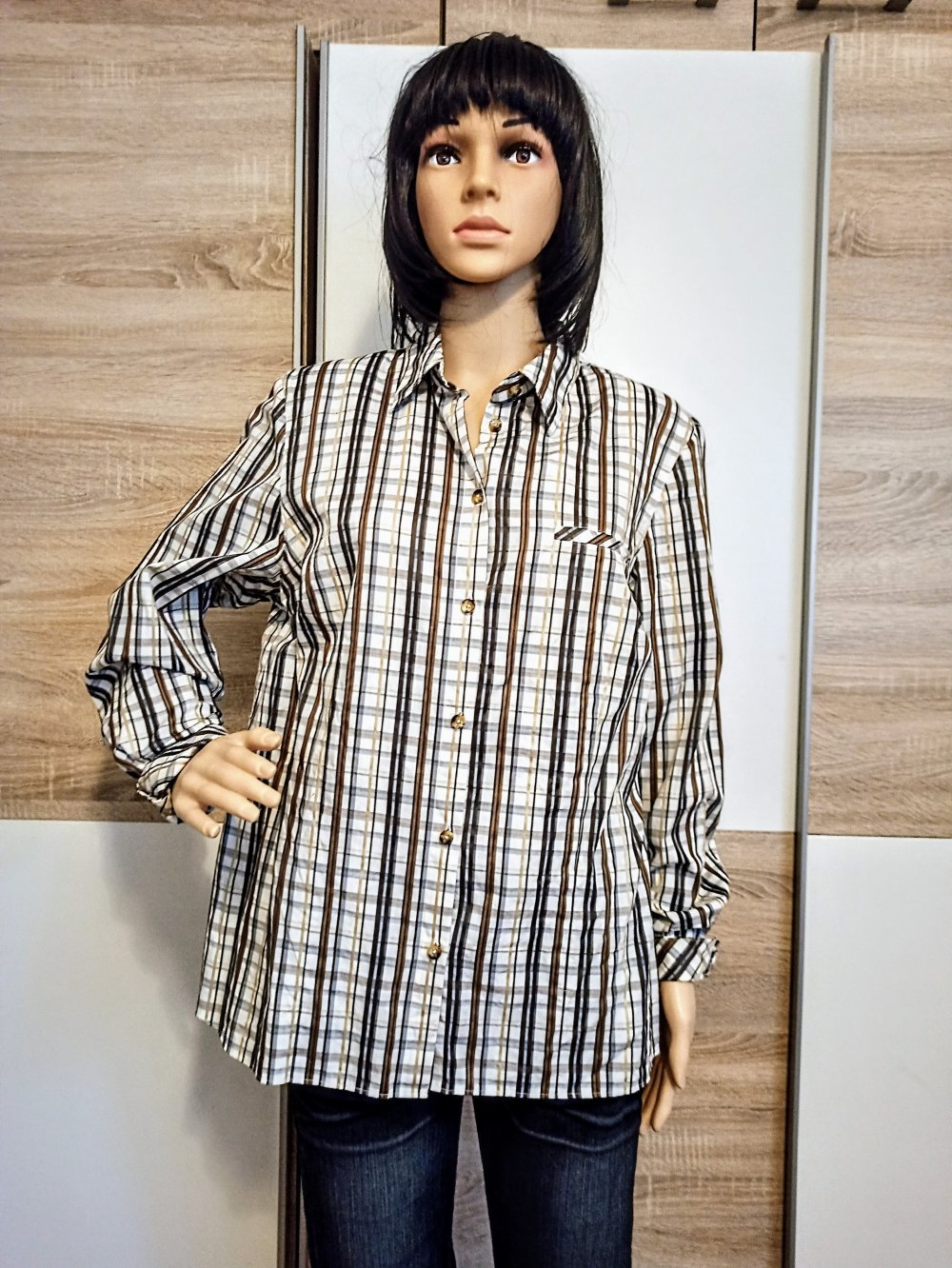 Schöne karierte Bluse Weiß/braun/gelb von Efro