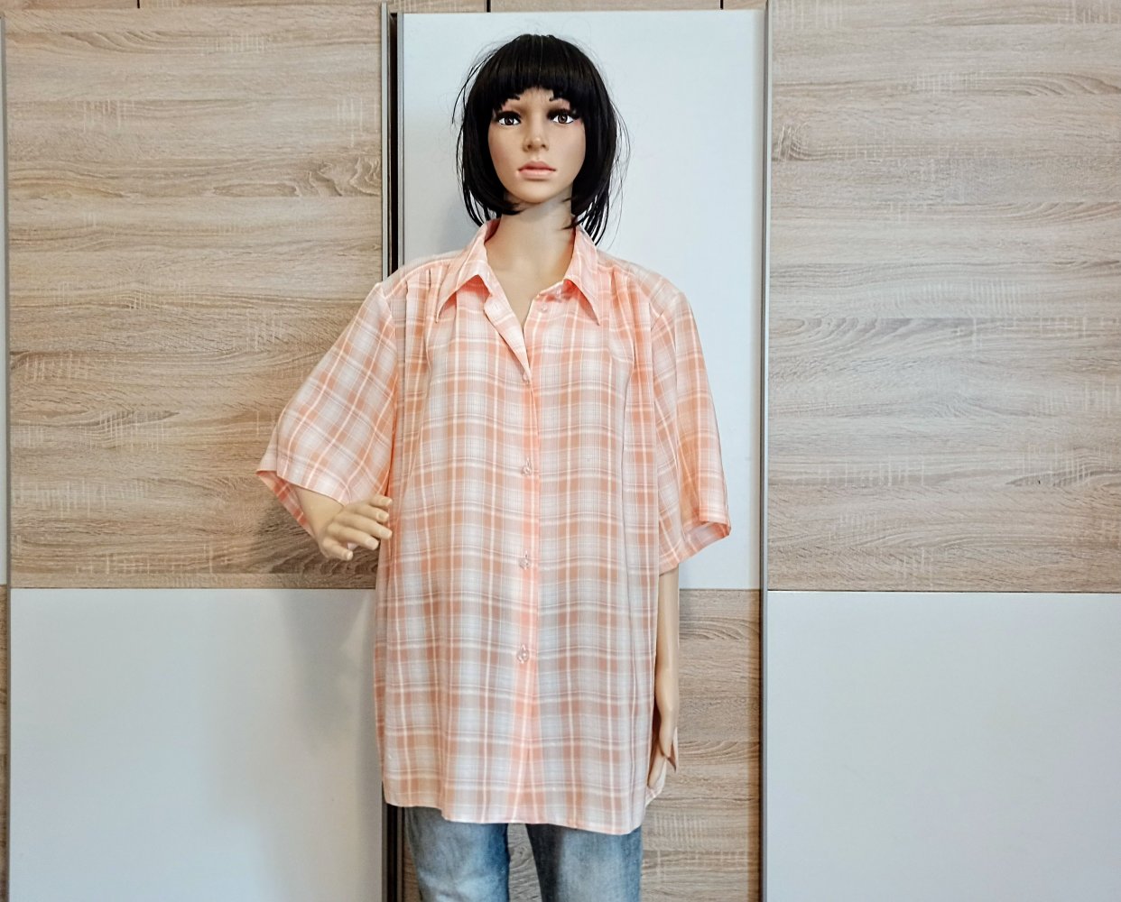 Schöne  karierte Bluse Aprikose/weiß