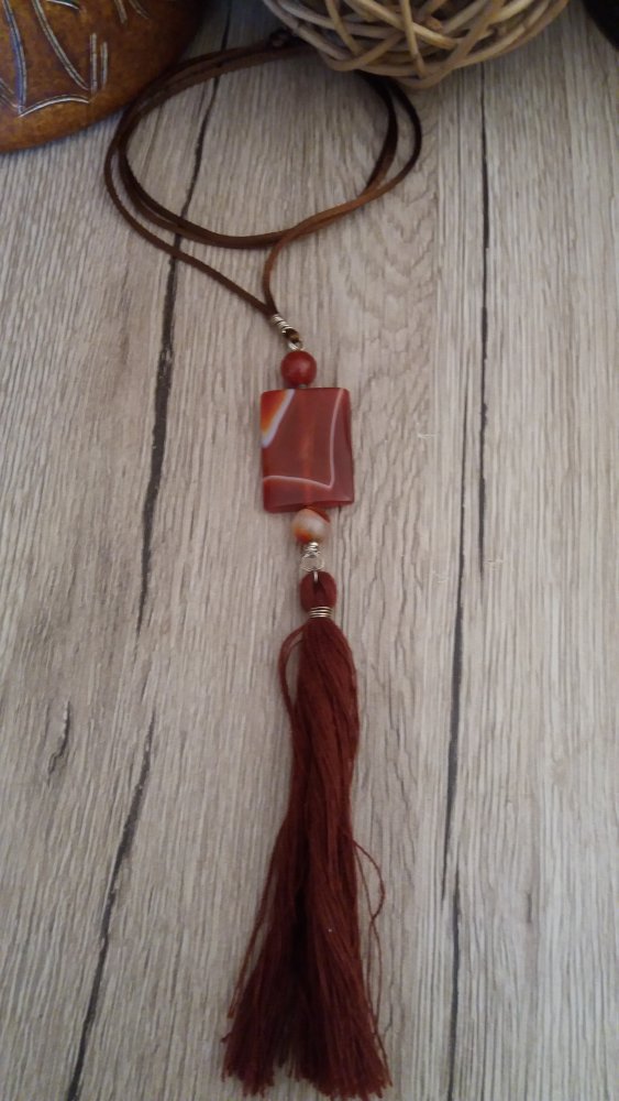 Damen Handgemachte Edelstein Halskette mit Achat und Quaste