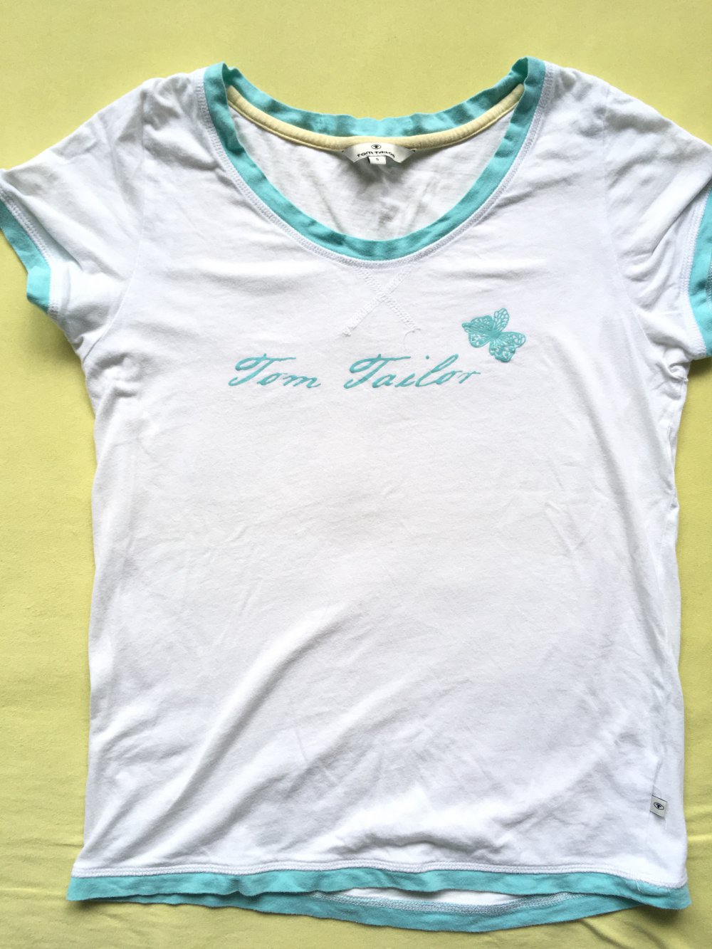 Schlaf T-Shirt Pyjama Tom Tailor mit Schriftzug weiß türkis Schmetterling Gr. S