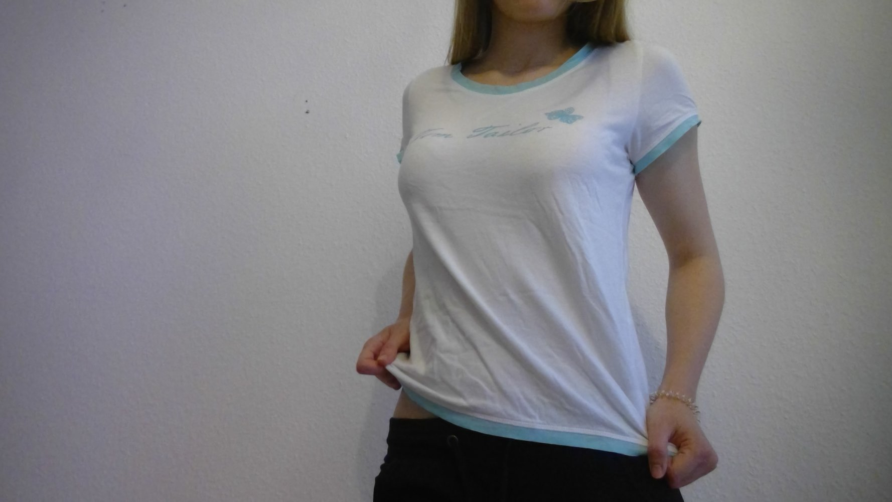 Schlaf T-Shirt Pyjama Tom Tailor mit Schriftzug weiß türkis Schmetterling Gr. S