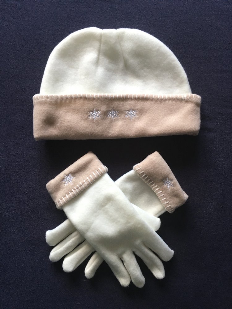 NEU!! Set Mütze Schal one size, Handschuhe Gr. 7 - 8 weiß beige !! Ungetragen!!