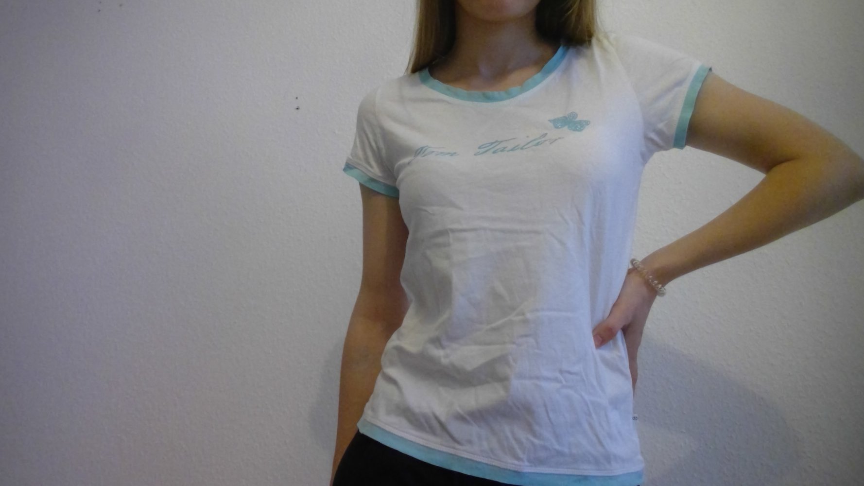 Schlaf T-Shirt Pyjama Tom Tailor mit Schriftzug weiß türkis Schmetterling Gr. S