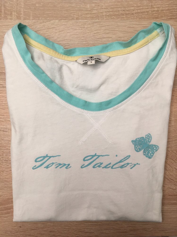 Schlaf T-Shirt Pyjama Tom Tailor mit Schriftzug weiß türkis Schmetterling Gr. S