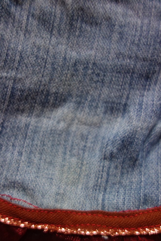 Jeansrock sanetta upcycling handmade hellblau rot 80