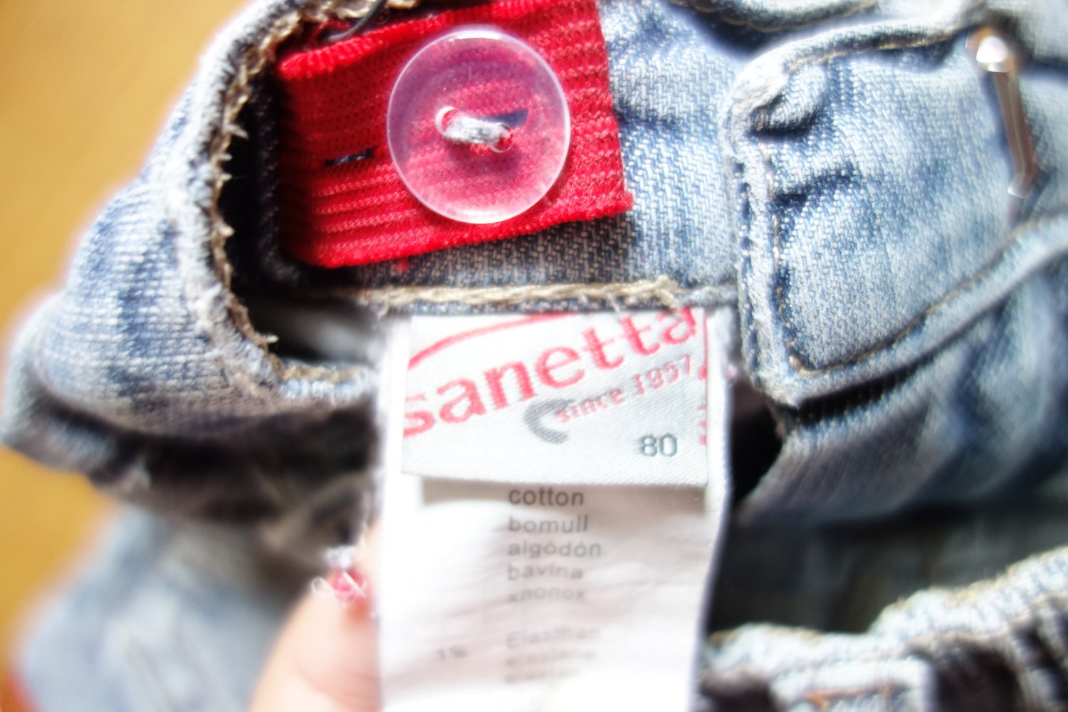 Jeansrock sanetta upcycling handmade hellblau rot 80