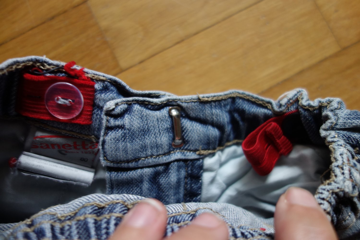 Jeansrock sanetta upcycling handmade hellblau rot 80