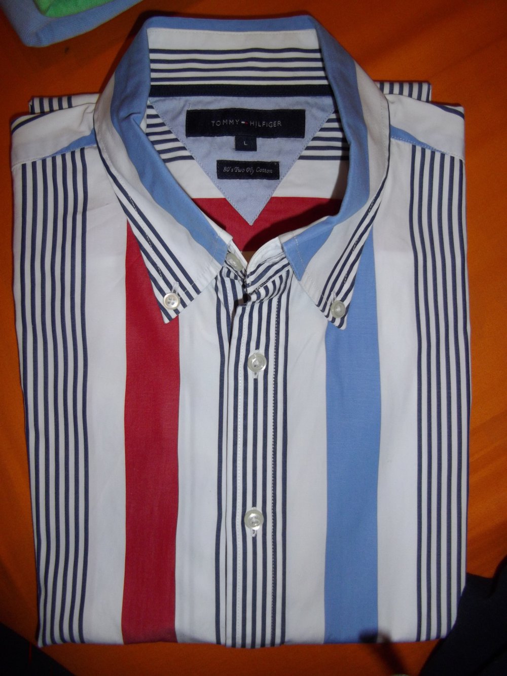 Tommy Hilfiger 80´s Two Ply Cotton Hemd rot blau marine weiß Blockstreifen in Gr.L